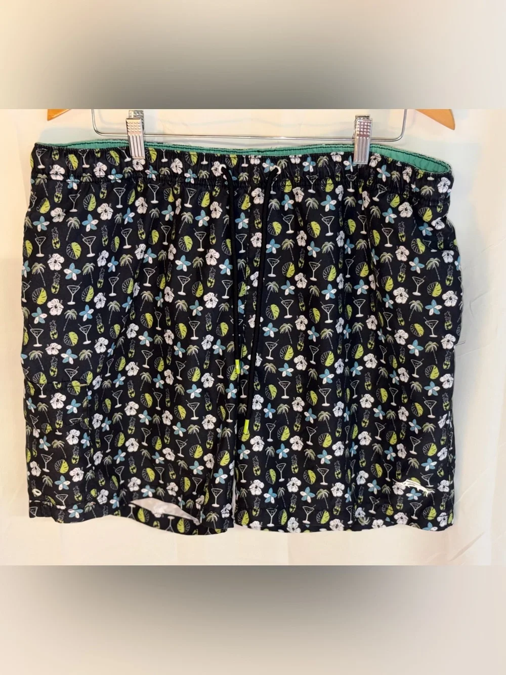Tommy Bahama Black Swim Trunks with White, Blue and Lime Tropical Print